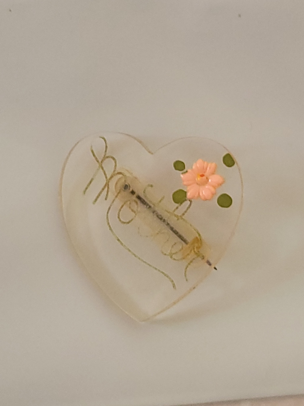Heart Shaped Clear Resin Brooch with Pink Flower